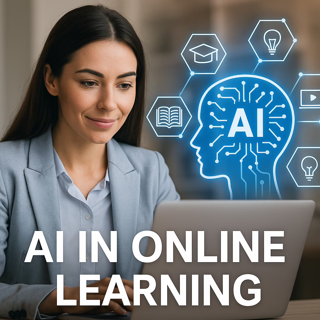 Professional woman studying with a laptop and AI graphics, representing ai in online learning.