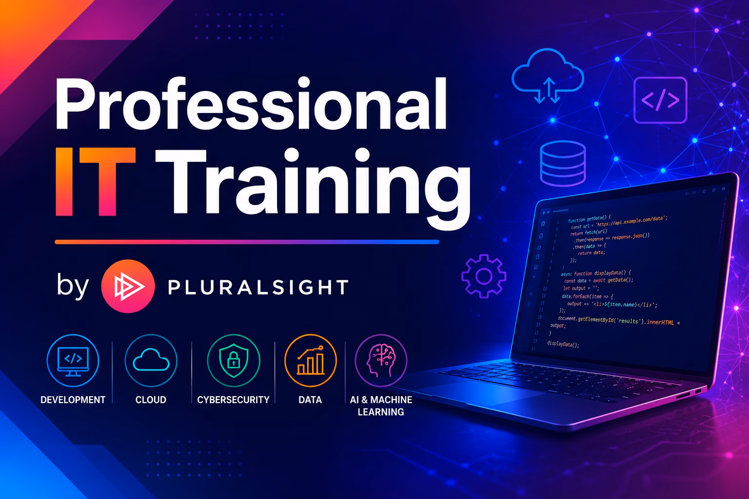 Digital background, laptop on desk. Wording on screen displays Professional IT Training by Pluralsight.